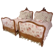 French Belle Époque Walnut Beds c. 1880 upholstered in Jacquard and Tulle