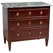 Louis XVI Chest of Drawers in Mahogany with Grey Marble Top and Original Brass Fittings, France, c. 1780