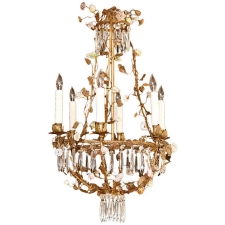 French Louis XV Style Foliate Chandelier with Porcelain Flowers & Crystals, c. 1880