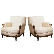 Pair of Bergeres with Carved Oak Frame & Upholstered Down Cushions, c. 1930