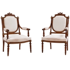 Pair of French Louis XVI Style Armchairs in Walnut, c. 1870