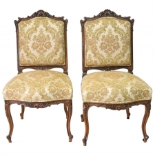 Pair of French Louis XV Style Carved Walnut Chairs with Upholstery, circa 1860