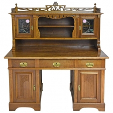 Art Nouveau Desk with Bookcase in Walnut with Stained Glass, circa 1900