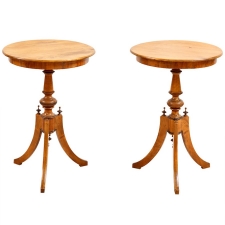 Pair of Round Tripod Side Tables in Birch with Ebonized Details, Sweden, c. 1870
