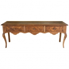 Long French Oak Parquetry Sideboard with Three Drawers and Cabriole Legs