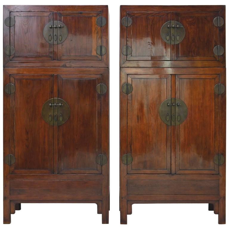 Pair Of Tall Chinese Qing Dynasty Cabinets With Four Doors