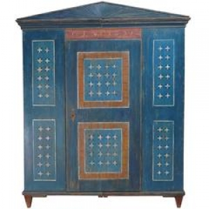 Dower or Marriage Armoire in Original Blue Paint with White Daisies, Dated 1831