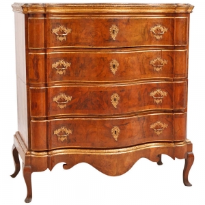 18th Century Danish Baroque Commode in Burled Walnut with Embossed Gilding