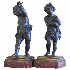 Pair of 19th Century French Bronze Cherubs on Marble Base