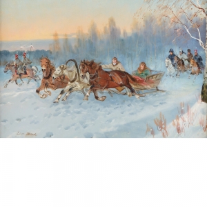 "Sledding," Oil on Canvas by Juliusz Stabiak