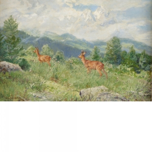 "Mountain Side with Deer," Oil on Canvas by Wilhelm Buddenburg