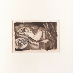 "Repose on Couch", Drawing-Watercolour , Charcoal/paper signed Daragnes