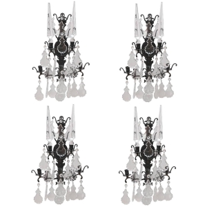 Set of Four Wrought Iron Candle Sconces with Cut-Glass/Crystal Obelisks