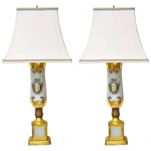 Pair of White Porcelain Lamps with Luster Ware Glaze & Gilding, France, circa 1925