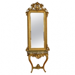 French Rococo Louis XV Style Giltwood Mirror & Console W/ Black & White Marble