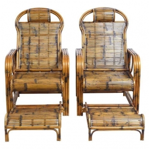 Pair of Bamboo Lounge Chairs with Sliding Foot Rests, French Indochina, c. 1920