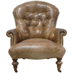 Vintage Brown Leather Club Chair with Scrolled Arms, Tufted Back & Turned Feet