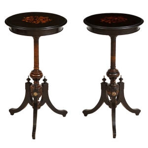 Pair of Small Round French Napoleon III Ebonized Tables with Marquetry, c. 1870