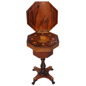 English Regency Octagonal Sewing Table in Rosewood with Marquetry, circa 1835