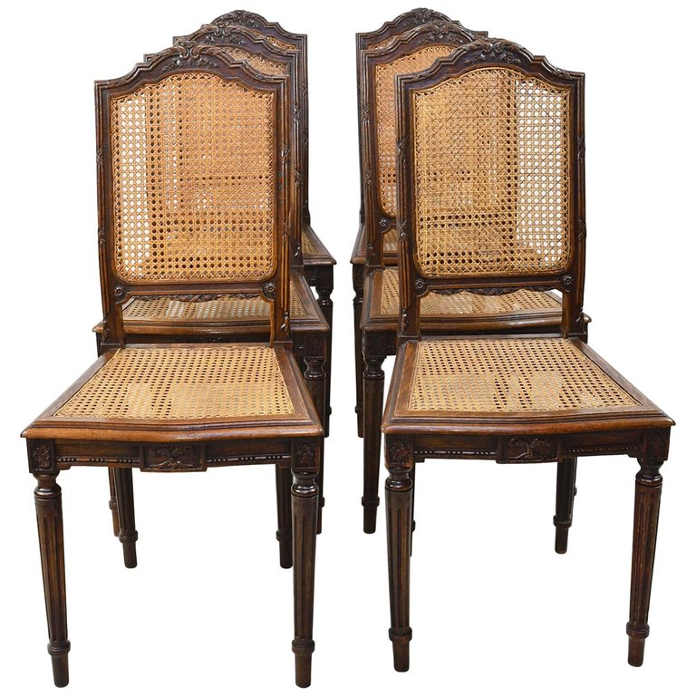 Set Of Six Louis Xvi Style Chairs In Oak W Woven Cane Seat Back