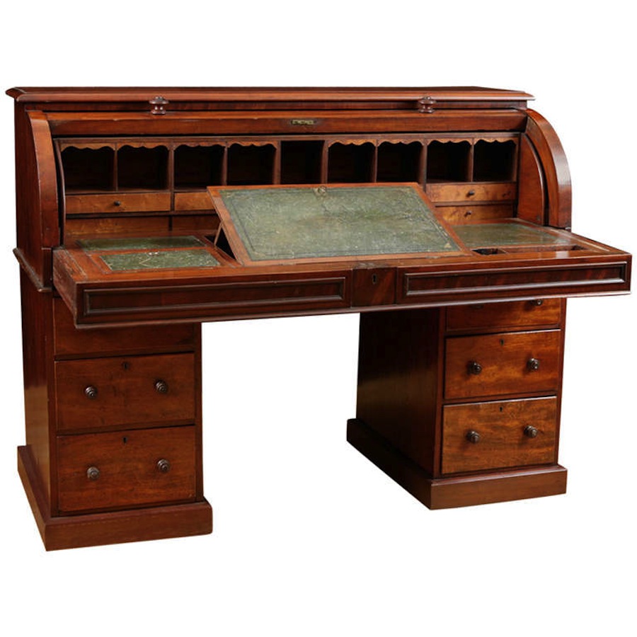 Antique English Pedestal Cylinder Top Desk In Mahogany C 1850