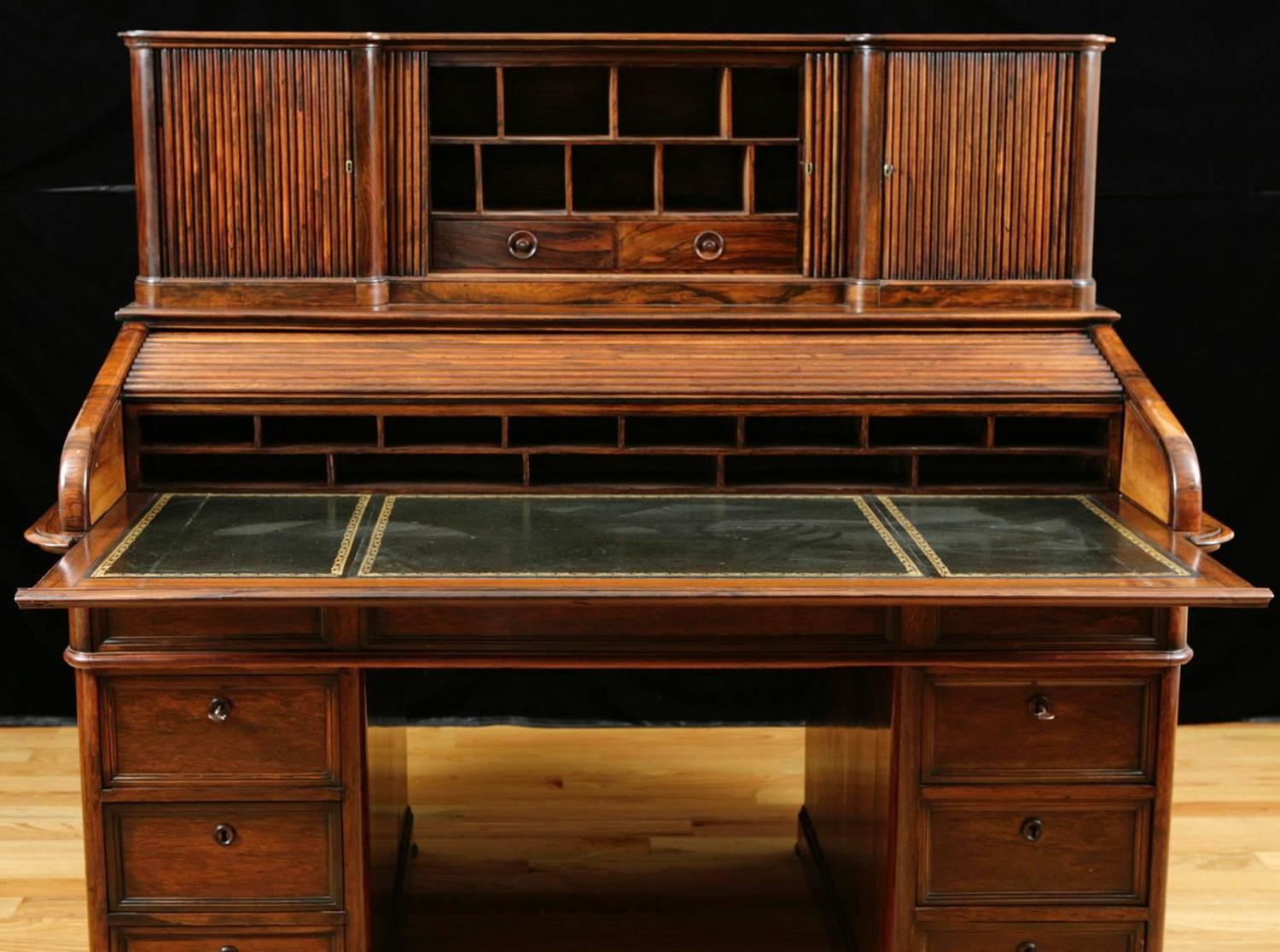 Antique French Napoleon Iii Pedestal Rolltop Desk In Rosewood C