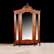 French Louis XV Style Armoire in Carved & Parquetry Walnut with Beveled Mirrored Panels, c. 1870