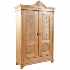 Hungarian Armoire in Pine with original carved bonnet and carved door panels, c. 1865