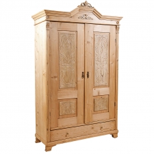 Hungarian Armoire in Pine with original carved bonnet and carved door panels, c. 1865
