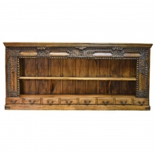 20th Century Long Open Asian Bookcase in Teak with Carved Foliage and Flowers