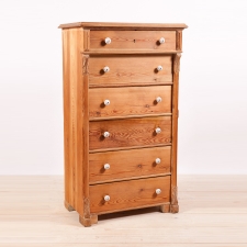 Swedish Victorian Tall Pine Chest with Six drawers and Original Porcelain Knobs, c.1875