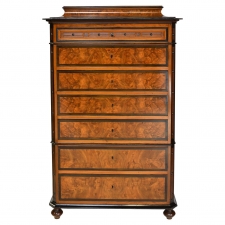 Antique Tall Chest of Drawers in Burled Walnut with Ebonized Accents & Pedestal Top, circa 1870