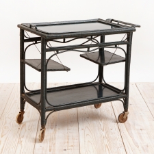 French Vintage Tea Cart in Dark Green Rattan
