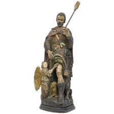 Early 18th Century Carved Polychromed Statue of Saint Roch with Dog and Angel