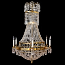 Six Light Swedish Antique Empire Chandelier in Brass and Cut Crystal, c. 1810