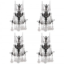 Set of Four Wrought Iron Candle Sconces with Cut-Glass/Crystal Obelisks