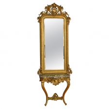French Rococo Louis XV Style Giltwood Mirror & Console W/ Black & White Marble
