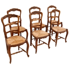 Set of 6 French Provincial Dining Chairs in Walnut with Rush Seats, c.1860