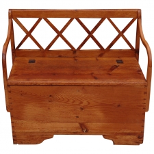 19th Century Small Pine Bench with Lattice Back and Hinged-top