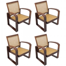 Set of 4 Contemporary Rosewood Armchairs with Caned Backs and Woven Seats