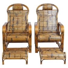 Pair of Bamboo Lounge Chairs with Sliding Foot Rests, French Indochina, c. 1920