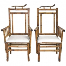 Pair of Antique French Indochinese Bamboo Lounge Chairs with Upholstery