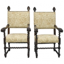 Pair of 19th Century Jacobean Style Throne Chairs with Carved Royal Plumes