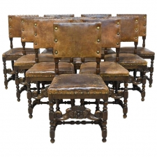 Set of 10 Flemish 19th Century Renaissance Revival Chairs in Walnut with Leather