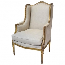 18th Century French Louis XVI Giltwood Bergère or Wingback Chair with Upholstery