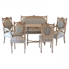 Antique Swedish Louis XVI Style Grey-Painted Suite with Settee, Chairs & Table, circa 1915