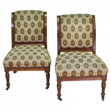 Pair of Antique Victorian Slipper Chairs in Walnut with Upholstered Seat & Back, circa 1840