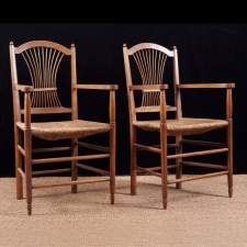 Pair of French Fan-Back Armchairs in Oak with Rush Seats