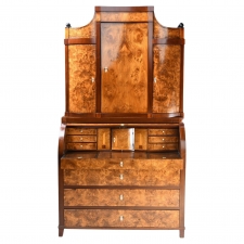 Antique Empire Cylinder-Top Secretary with Bookcase in Burled Ash, circa 1800