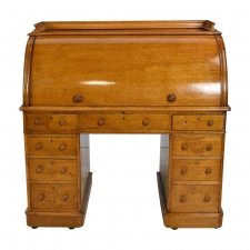 Antique English Cylinder-Top Pedestal Desk with Green Leather & Finished Back, circa 1900